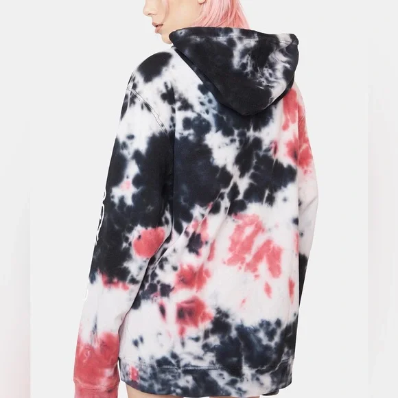 Ed Hardy Women's Red and Black Tie Dye Dagger Skull Fleece Hoodie Size M - Picture 4 of 9